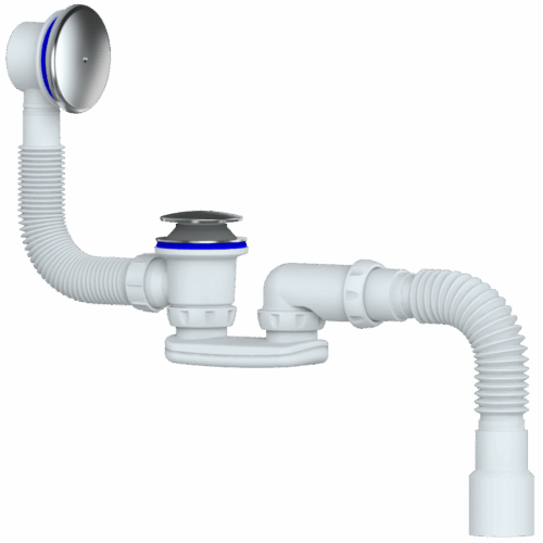S122E СИФОН ДЛЯ ВАННЫ и ГЛ поддона easyopen С ПЕРЕЛИВОМ  С Н/Ж ЧАШКАМИ С ГИБКИМ отводом (30 шт)