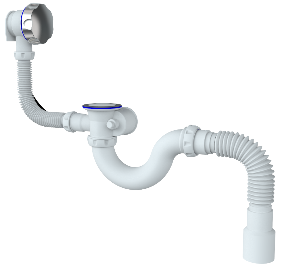 S103 СИФОН ДЛЯ ВАННЫ и ГЛ поддона АВТОМАТ прямоточный С ПЕР С Н/Ж ЧАШКАМИ С ГИБКИМ отв (уп 25 шт)