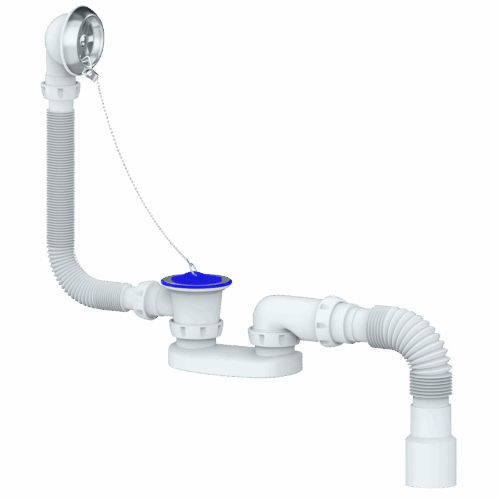 S12 CИФОН ДЛЯ ВАННЫ И ГЛУБОКОГО ПОДДОНА С ПЕРЕЛИВОМ И ГИБКИМ СОЕД д.40х 40/50 400мм (уп 35 шт)