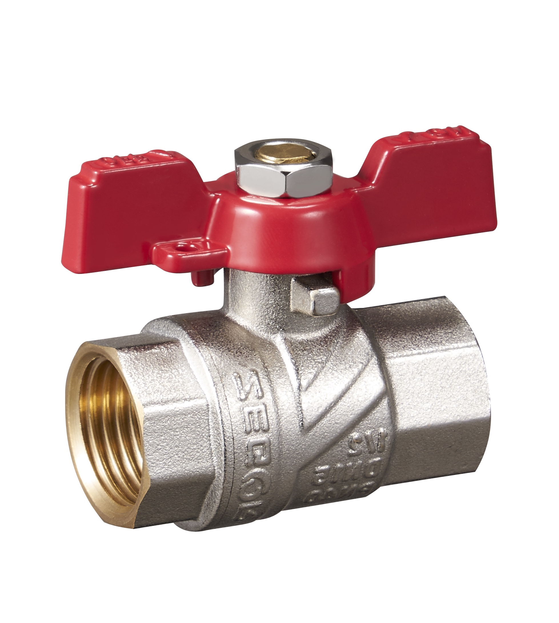 FB13,Кран шар латунный 1" (CW617N) полнопроходной ручка бабочка  подкл гайка-гайка (БГГ) (уп 60/15)