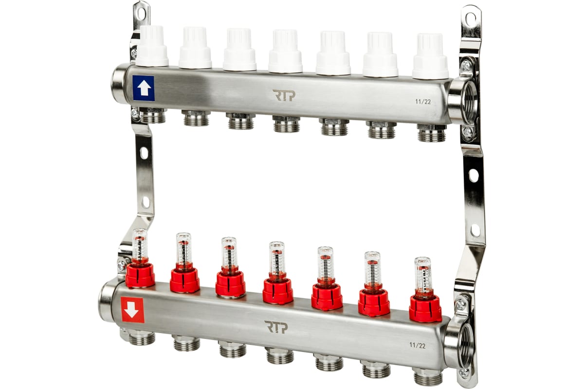 Коллекторная группа с расходомером и кронштейном 1"х3/4"х7 вых 39424 (5/1) RTP