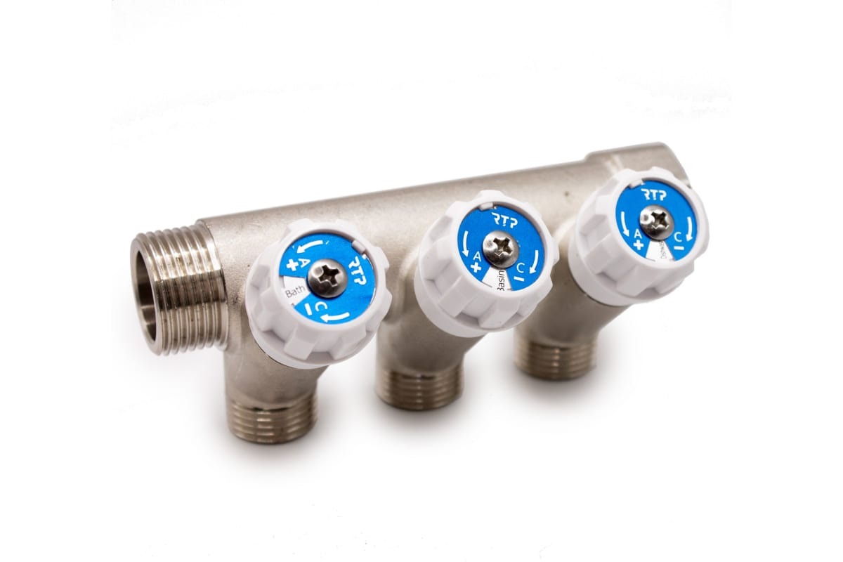 Коллектор с вентилями 1"х3/4" 3 выхода, латунь, наружная резьба	39509 (24/1)