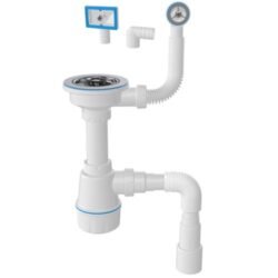 Сифон для мойки M104-9, вып 3 1/2, с отв для СМ, круглый,прямоуг  перелив,винт латунь 45 мм (20)