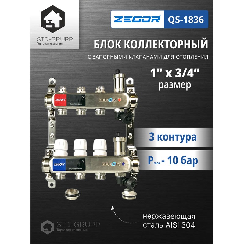 QS-1836 Коллекторный блок из нержавеющей стали с клапанами 1" х 3/4" 3 выхода